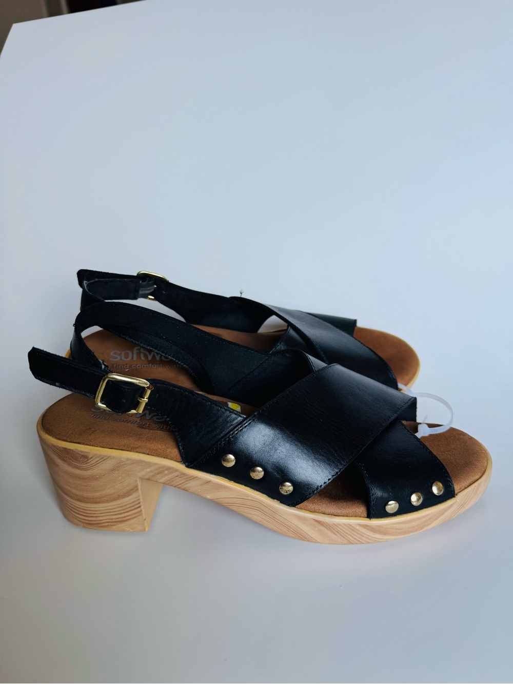 SoftWalk Black Leather Slingback Sandals with Wood-Effect Block Heel